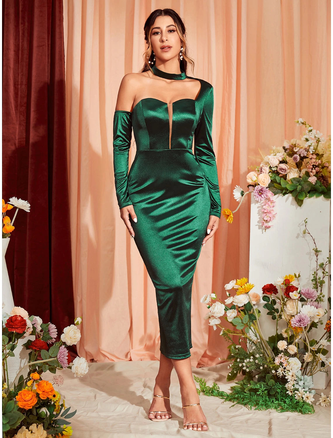 Wholesale Mermaid / Trumpet Party Dresses Sexy Dress Wedding Party Semi Formal Tea Length Long Sleeve One Shoulder Stretch Satin with Ruched